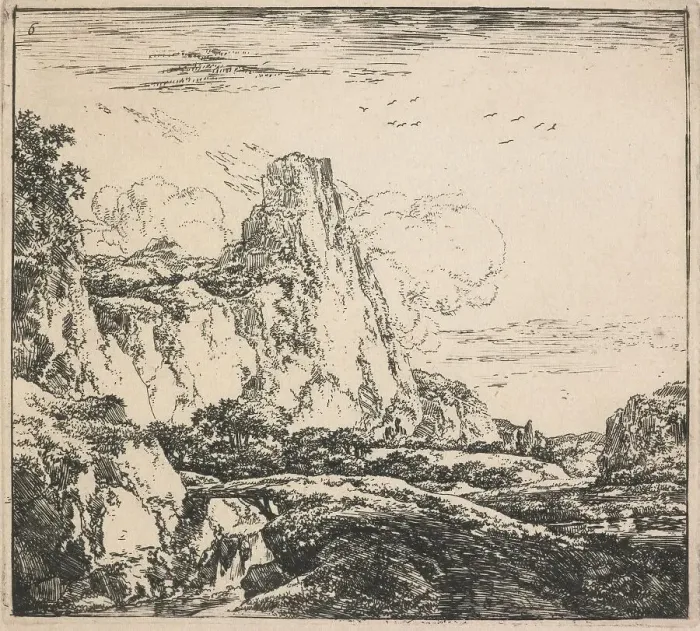 Framed Print : Eight landscapes. Plate 6. Mountainous landscape with tall cliffs, 1640-51. Creator: Herman Naiwincx Framed Print : Eight landscapes. Plate 6. Mountainous landscape with tall cliffs, 1640-51. Creator: Herman Naiwincx