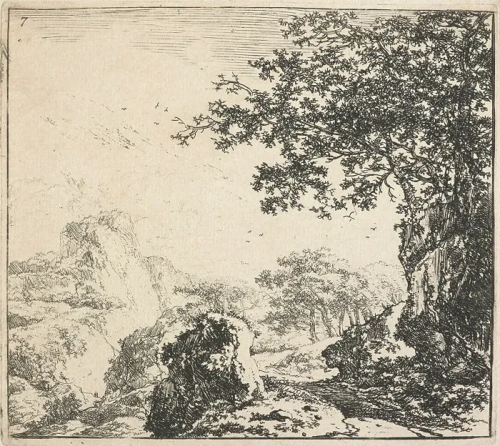 Framed Print : Eight landscapes. Plate 7: Mountainous landscape with trees, 1640-51. Creator: Herman Naiwincx Framed Print : Eight landscapes. Plate 7: Mountainous landscape with trees, 1640-51. Creator: Herman Naiwincx