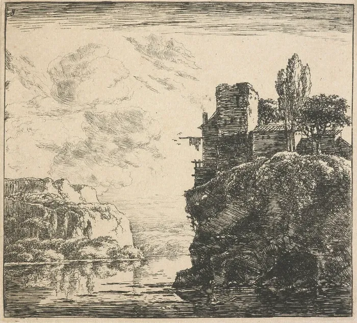Framed Print : Eight landscapes. Plate 8: A house on a cliff overlooking a lake, 1640-51. Creator: Herman Naiwincx Framed Print : Eight landscapes. Plate 8: A house on a cliff overlooking a lake, 1640-51. Creator: Herman Naiwincx