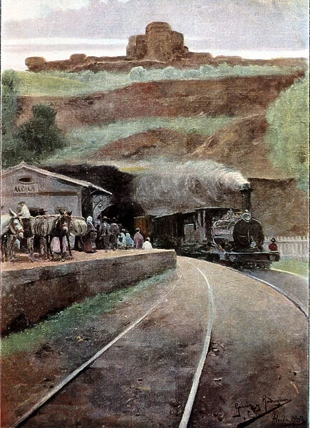 Landscapes of Seville, Panaderos train station, drawing by Garcia y Rodriguez, 1903