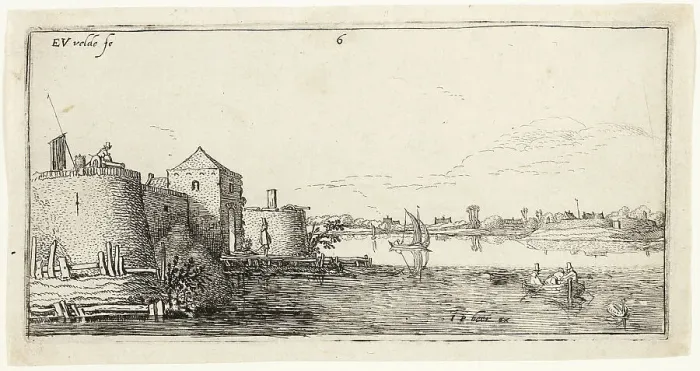 Framed Print : Ten Landscapes: Walled River Town to the Left of a River, 1615 / 16. Creator: Esaias van de Velde Framed Print : Ten Landscapes: Walled River Town to the Left of a River, 1615 / 16. Creator: Esaias van de Velde
