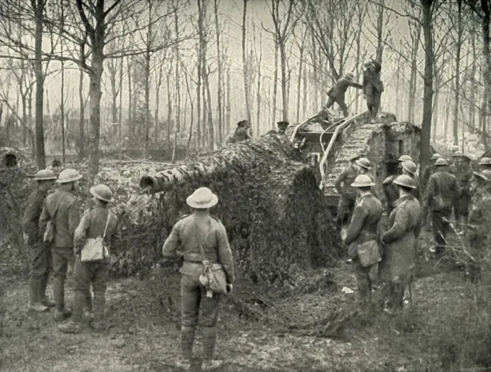 Framed Print : A Landship Bringing in Under Camouflage a 5. 9 German Naval Gun, (1919). Creator: Unknown Framed Print : A Landship Bringing in Under Camouflage a 5. 9 German Naval Gun, (1919). Creator: Unknown
