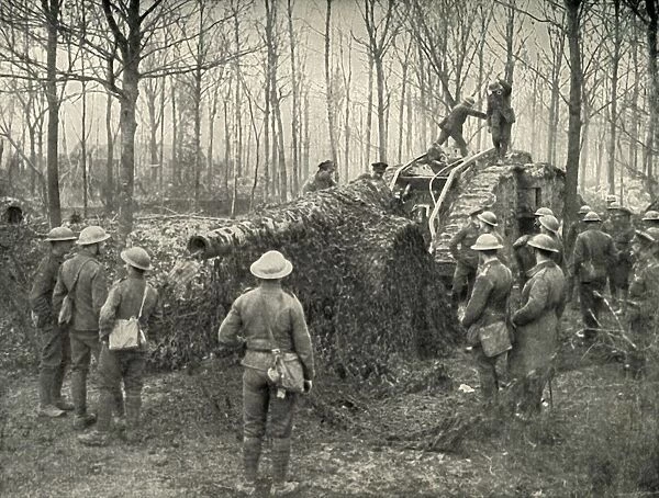 A Landship Bringing in Under Camouflage a 5. 9 German Naval Gun, (1919). Creator: Unknown