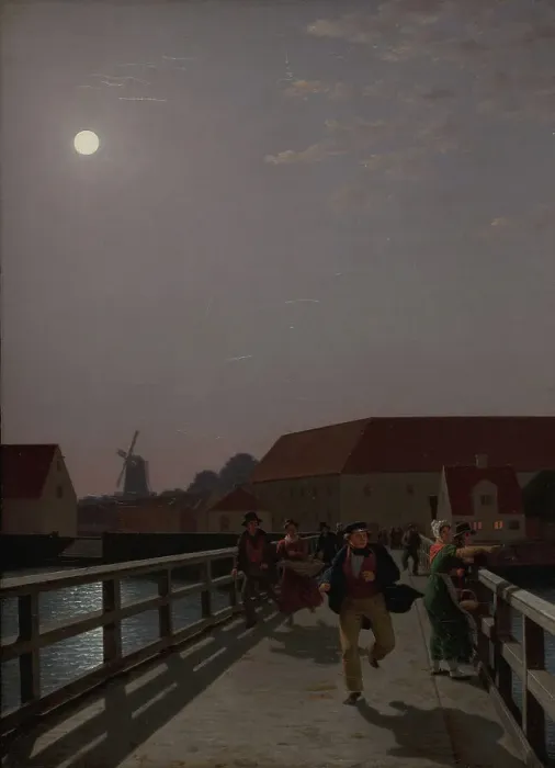 Framed Print : Langebro, Copenhagen, in the Moonlight with Running Figures, 1836. Creator: CW Eckersberg Framed Print : Langebro, Copenhagen, in the Moonlight with Running Figures, 1836. Creator: CW Eckersberg