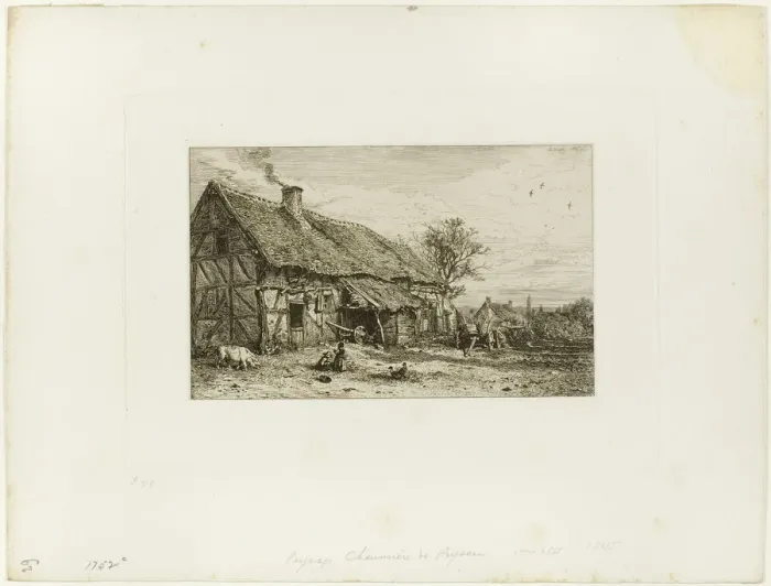 Framed Print : Lanscape with Peasant Dwelling, 1845. Creator: Charles Emile Jacque Framed Print : Lanscape with Peasant Dwelling, 1845. Creator: Charles Emile Jacque