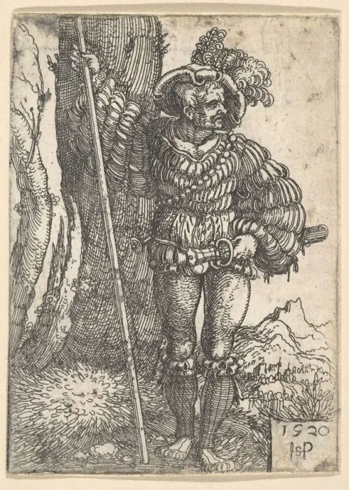 Framed Print : A Lansquenet Standing by a Tree, 1520. Creator: Sebald Beham Framed Print : A Lansquenet Standing by a Tree, 1520. Creator: Sebald Beham
