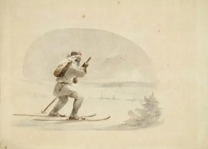 Framed Print : Laplander Skiing, 1850-1855. Creator: Karl Anders Ekman Framed Print : Laplander Skiing, 1850-1855. Creator: Karl Anders Ekman