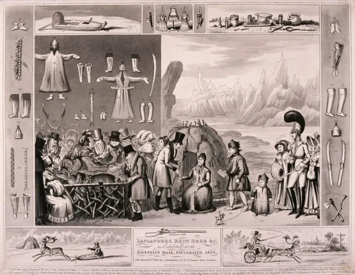 Framed Print : Laplanders on display in the Egyptian Hall, London, 1822. Artist: Isaac Cruikshank Framed Print : Laplanders on display in the Egyptian Hall, London, 1822. Artist: Isaac Cruikshank