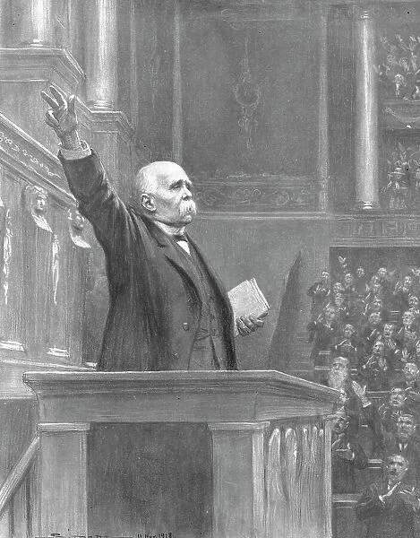 'L'Apotheose du Droit; M. Clemenceau a la tribune de la Chambre, le 11 novembre 1918... 1918. Creator: J Simont