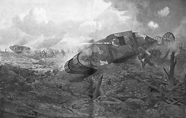 L'Apparition des Tanks; L'entrée en ligne des premiers chars d'assaut Anglais, le 15 septembre 1916 Creator: J Simont