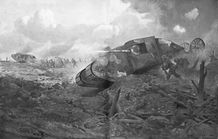 Framed Print : L'Apparition des Tanks; L'entrée en ligne des premiers chars d'assaut Anglais, le 15 septembre 1916 Creator: J Simont Framed Print : L'Apparition des Tanks; L'entrée en ligne des premiers chars d'assaut Anglais, le 15 septembre 1916 Creator: J Simont