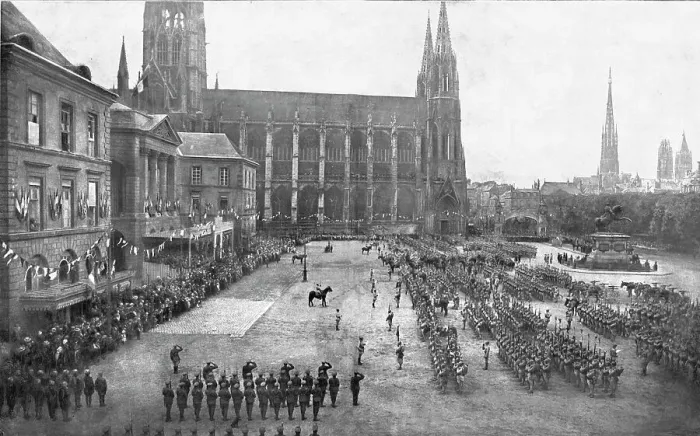 Framed Print : L'appel des morts; le 21 aout 1919, a Rouen, sur la place de l'hotel-de-Ville, la 5e div... 1919. Creator: Unknown