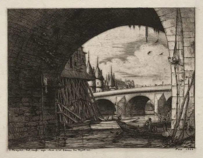 Framed Print : Larch du Pont Notre Dame, Paris, 1853. Creator: Charles Meryon (French, 1821-1868) Framed Print : Larch du Pont Notre Dame, Paris, 1853. Creator: Charles Meryon (French, 1821-1868)