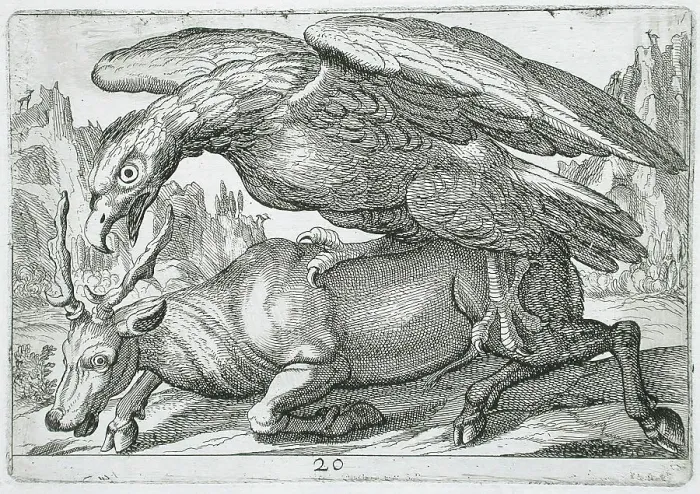 Framed Print : A Large Bird Attacking a Stag, 1610. Creator: Hendrick Hondius I Framed Print : A Large Bird Attacking a Stag, 1610. Creator: Hendrick Hondius I