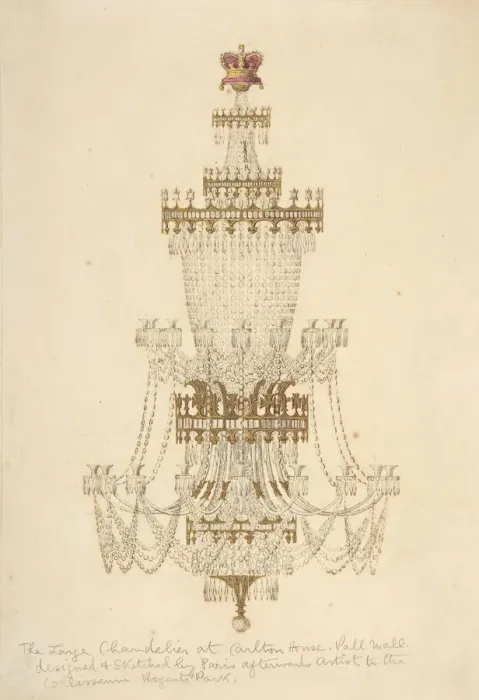 Framed Print : Large Chandelier at Carlton House, Pall Mall, 19th century. Creator: Edmund Thomas Parris Framed Print : Large Chandelier at Carlton House, Pall Mall, 19th century. Creator: Edmund Thomas Parris