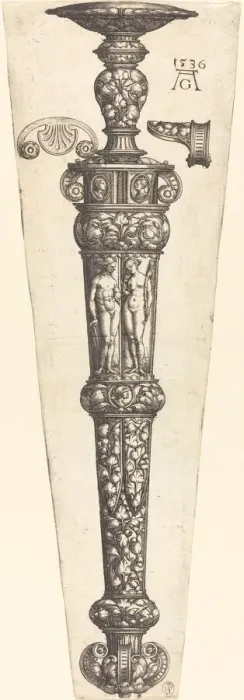 Framed Print : Large Dagger Sheath with Nude Couple, 1536. Creator: Heinrich Aldegrever Framed Print : Large Dagger Sheath with Nude Couple, 1536. Creator: Heinrich Aldegrever