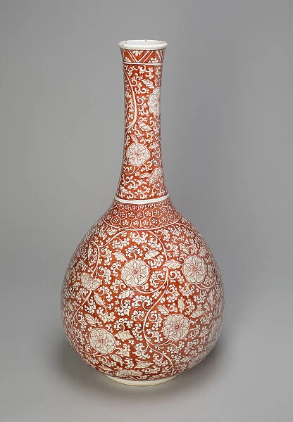 Large Export Copper-Red Floral Bottle Vase, Qing dynasty (1644-1911). Creator: Unknown