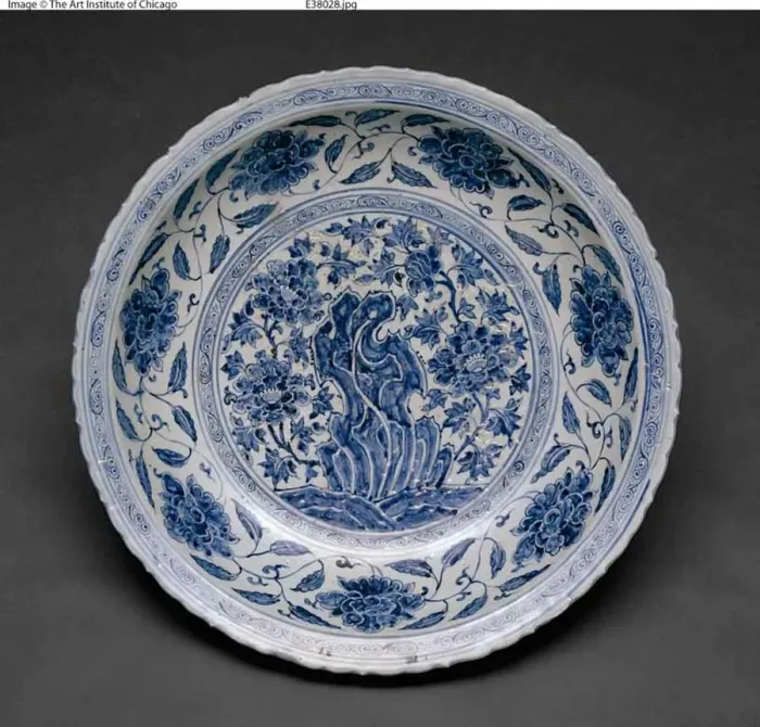 Framed Print : Large Foliate Dish with Garden Rock and Plants, Ming dynasty Framed Print : Large Foliate Dish with Garden Rock and Plants, Ming dynasty