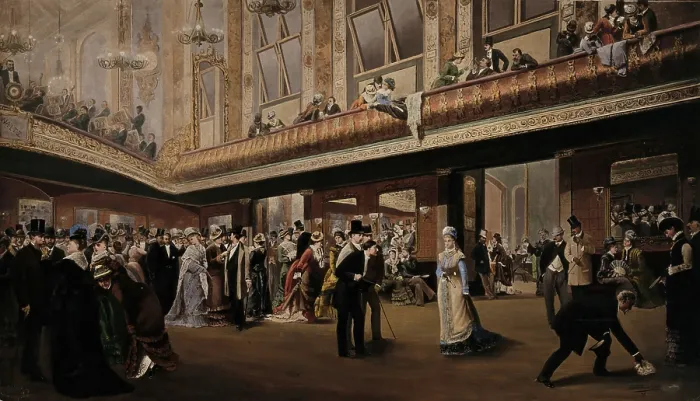 Framed Print : A large gathering inside a galleried ballroom, 1878. Creator: Unknown Framed Print : A large gathering inside a galleried ballroom, 1878. Creator: Unknown