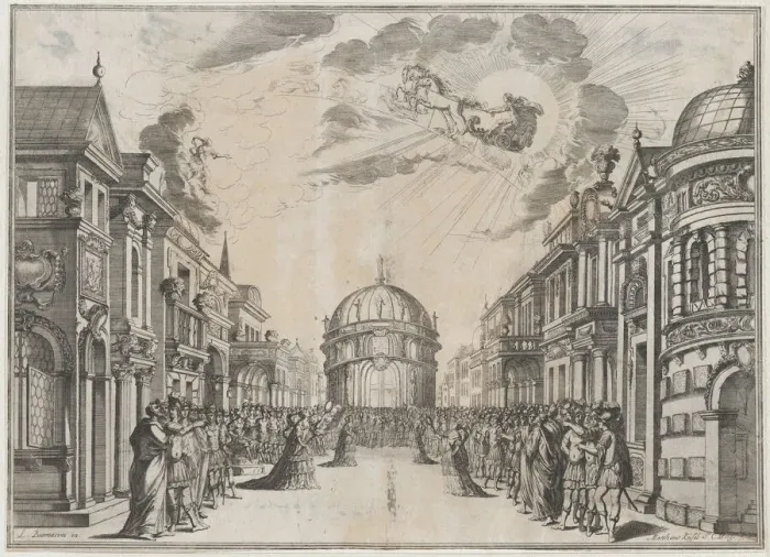 Framed Print : A large gathering of people in the street as a goddess races across the sky in a chariot l... 1674. Creator: Mathaus Küsel Framed Print : A large gathering of people in the street as a goddess races across the sky in a chariot l... 1674. Creator: Mathaus Küsel
