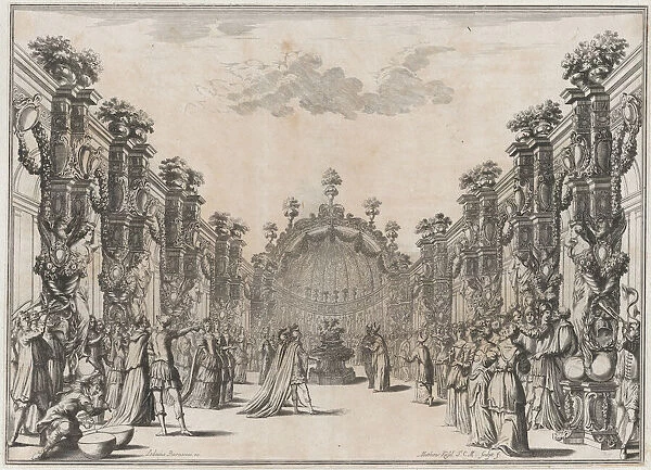 A large group gathered in a courtyard before a domed structure; musicians play at left; se... 1674. Creator: Mathaus Küsel