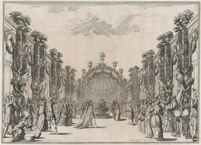 Framed Print : A large group gathered in a courtyard before a domed structure; musicians play at left; se... 1674. Creator: Mathaus Küsel Framed Print : A large group gathered in a courtyard before a domed structure; musicians play at left; se... 1674. Creator: Mathaus Küsel