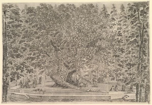 A large inhabited tree in center with ramps leading around the trunk, below a stone pa