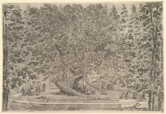 Framed Print : A large inhabited tree in center with ramps leading around the trunk, below a stone pa Framed Print : A large inhabited tree in center with ramps leading around the trunk, below a stone pa