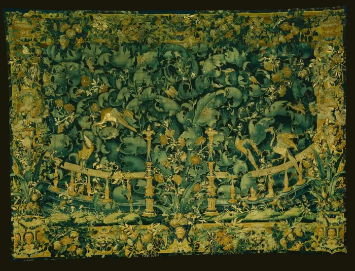 Framed Print : Large Leaf Verdure with Balustrade and Birds, Southern Netherlands, 1550 / 75 Framed Print : Large Leaf Verdure with Balustrade and Birds, Southern Netherlands, 1550 / 75