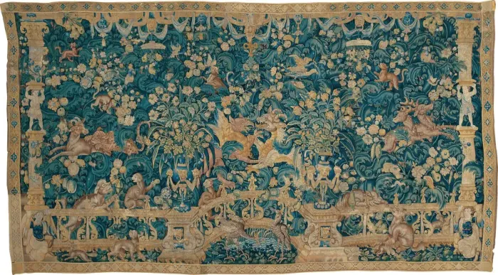 Framed Print : Large Leaf Verdure with Proscenium, Animals, and Birds, Southern Netherlands, 1525 / 50 Framed Print : Large Leaf Verdure with Proscenium, Animals, and Birds, Southern Netherlands, 1525 / 50