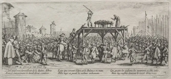Framed Print : The Large Miseries of War: Execution on the Wheel, 1633. Creator: Jacques Callot (French Framed Print : The Large Miseries of War: Execution on the Wheel, 1633. Creator: Jacques Callot (French
