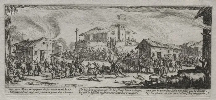 Framed Print : The Large Miseries of War: Pillaging and Burning of a Village, 1633. Creator: Jacques Callot Framed Print : The Large Miseries of War: Pillaging and Burning of a Village, 1633. Creator: Jacques Callot