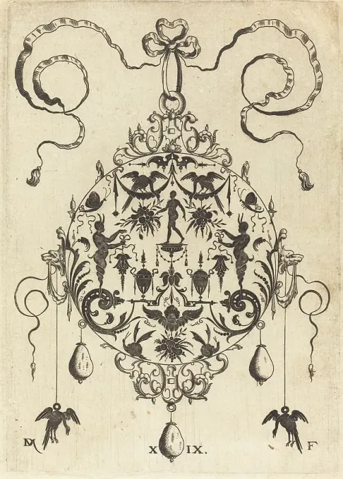 Framed Print : Large Pendant, In Circular Form, Nude Man Flanked by Two Herms, 1596. Creator: Daniel Mignot Framed Print : Large Pendant, In Circular Form, Nude Man Flanked by Two Herms, 1596. Creator: Daniel Mignot