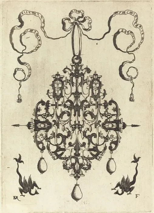 Framed Print : Large Pendant, Two Fantasy Creatures with Long Tails at Bottom, 1596. Creator: Daniel Mignot