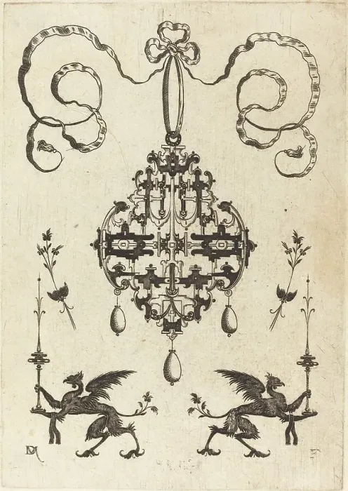 Framed Print : Large Pendant, Lower Left and Right Two Griffins Carrying Fantasy Candlesticks, 1596. Creator: Daniel Mignot Framed Print : Large Pendant, Lower Left and Right Two Griffins Carrying Fantasy Candlesticks, 1596. Creator: Daniel Mignot
