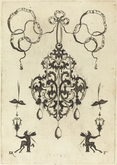 Framed Print : Large Pendant, Lower Left and Right Two Winged Devils Sitting on Pedestals, 1596. Creator: Daniel Mignot. Large Pendant, Lower Left and Right Two Winged Devils Sitting on Pedestals, 1596. Creator: Daniel Mignot