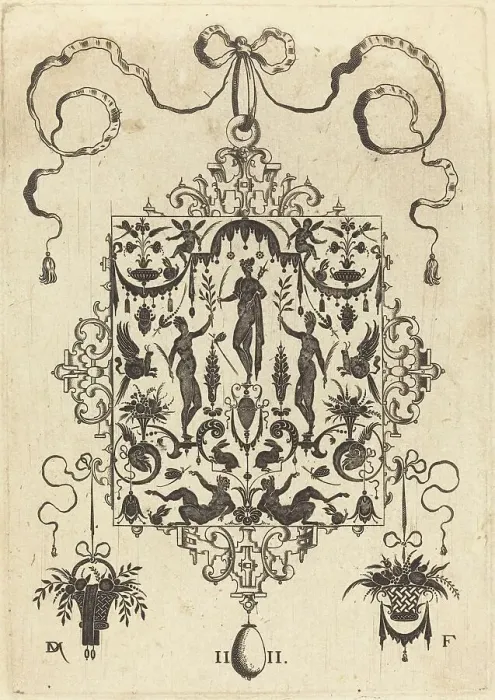 Framed Print : Large Pendant, Three Nude Women with Twigs at Centre, 1596. Creator: Daniel Mignot Framed Print : Large Pendant, Three Nude Women with Twigs at Centre, 1596. Creator: Daniel Mignot