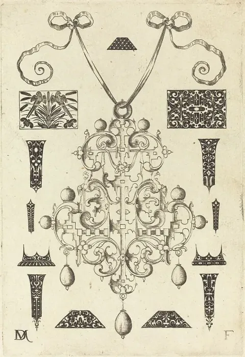 Framed Print : Large Pendant, Surrounded by Thirteen Studs, 1593. Creator: Daniel Mignot