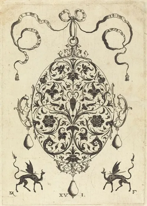 Framed Print : Large Pendant, Upright Oval with Floral Ornament, 1596. Creator: Daniel Mignot