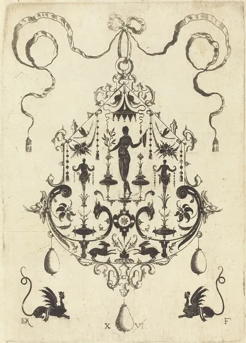 Framed Print : Large Pendant, Victory Flanked by Two Herms at Centre, 1596. Creator: Daniel Mignot Framed Print : Large Pendant, Victory Flanked by Two Herms at Centre, 1596. Creator: Daniel Mignot