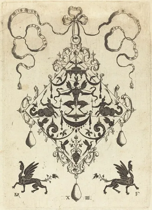 Framed Print : Large Pendant, Winged Fantasy Creature Holding Two Snakes, 1596. Creator: Daniel Mignot Framed Print : Large Pendant, Winged Fantasy Creature Holding Two Snakes, 1596. Creator: Daniel Mignot