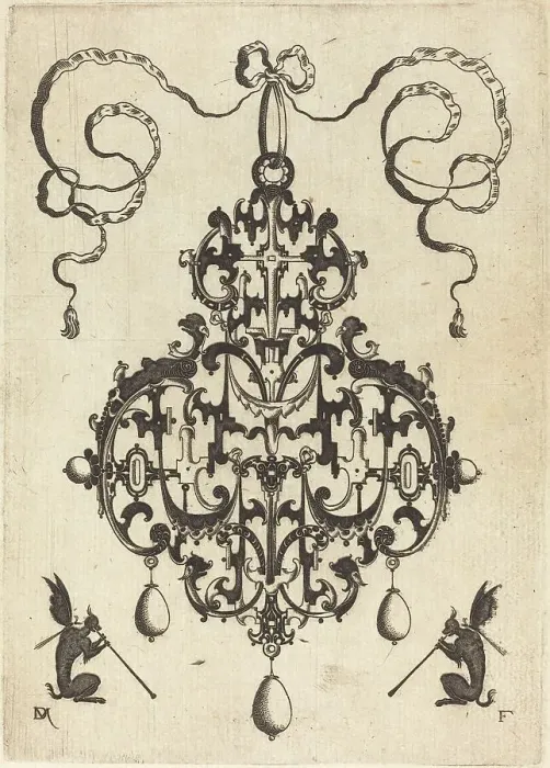 Framed Print : Large Pendant, Two Winged Fantasy Creatures with Trumpets at Bottom, 1596. Creator: Daniel Mignot Framed Print : Large Pendant, Two Winged Fantasy Creatures with Trumpets at Bottom, 1596. Creator: Daniel Mignot