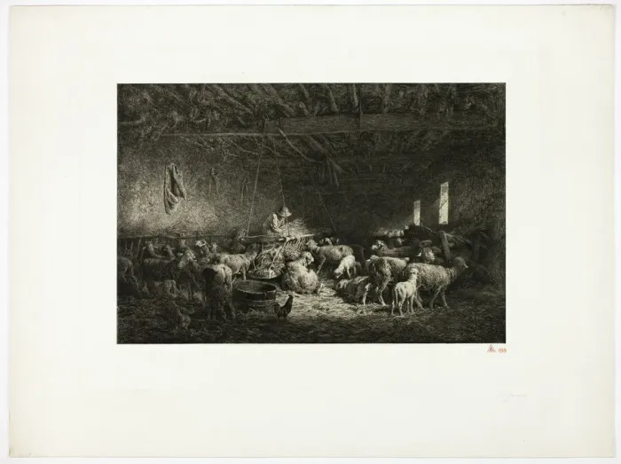 Framed Print : The Large Sheepcot (horizontal plate), 1859. Creator: Charles Emile Jacque