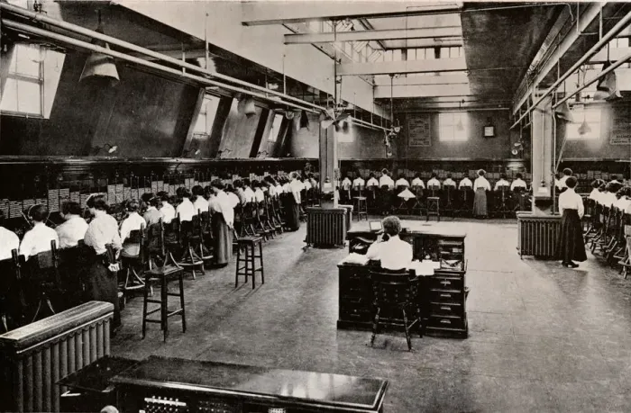 Framed Print : In a Large Telephone Exchange, c1916 Framed Print : In a Large Telephone Exchange, c1916