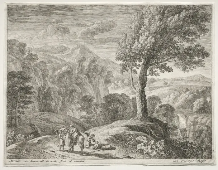 Framed Print : The Large Tree and the Cascade, c. 1652-1654. Creator: Herman van Swanevelt (Dutch, c Framed Print : The Large Tree and the Cascade, c. 1652-1654. Creator: Herman van Swanevelt (Dutch, c