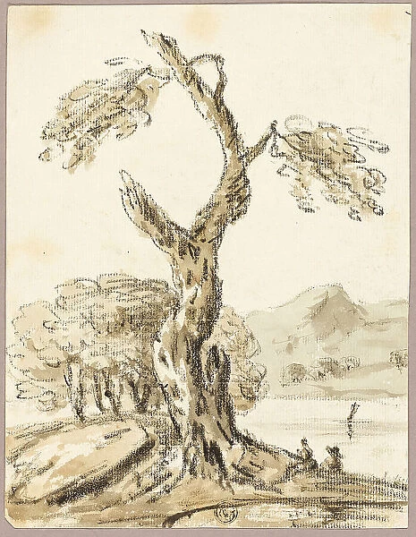 Large Tree with Lake and Mountains in Background, n.d. Creator: Thomas Barker