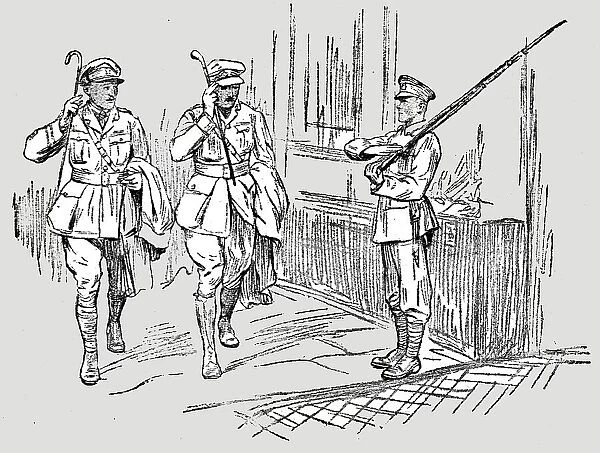 L'Armee Britannique dans le Nord de la France; Sentinelle saluant un capitaine et un...1916. Creator: Unknown