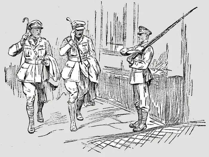 Framed Print : L'Armee Britannique dans le Nord de la France; Sentinelle saluant un capitaine et un...1916. Creator: Unknown Framed Print : L'Armee Britannique dans le Nord de la France; Sentinelle saluant un capitaine et un...1916. Creator: Unknown