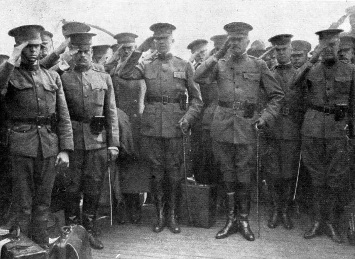 Framed Print : L'Arrivee du General Pershing; Le general et ses officiers ecoutant la Marseillaise, 1917. Creator: Unknown Framed Print : L'Arrivee du General Pershing; Le general et ses officiers ecoutant la Marseillaise, 1917. Creator: Unknown