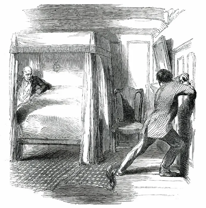 Framed Print : The Late Attack upon Marshal Haynau - the Bed-Room in which Marshal Haynau was Concealed, 1850. Creator: Unknown Framed Print : The Late Attack upon Marshal Haynau - the Bed-Room in which Marshal Haynau was Concealed, 1850. Creator: Unknown